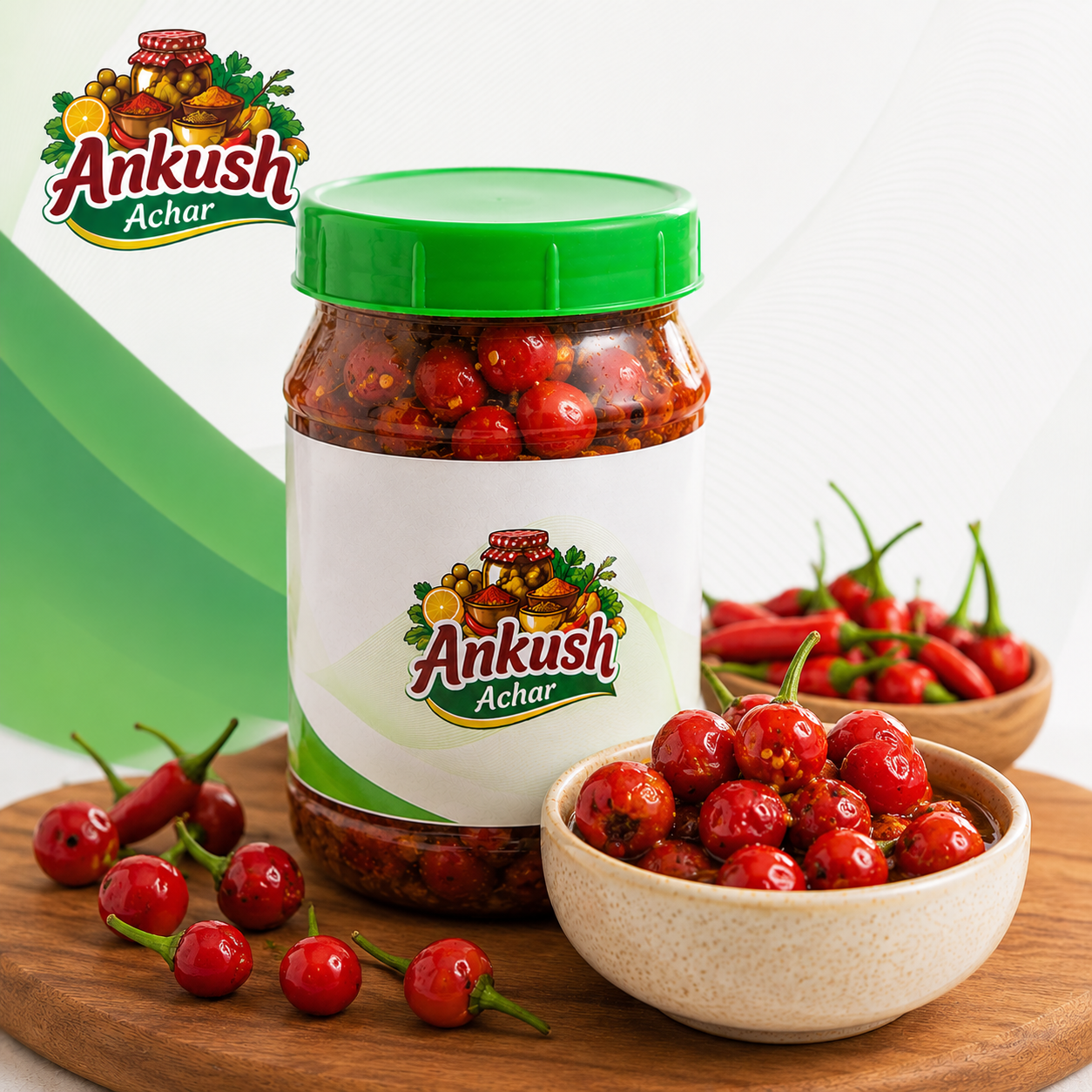 Ankush Dalle Khursani — jar of whole pickled dalle chilies with bowl