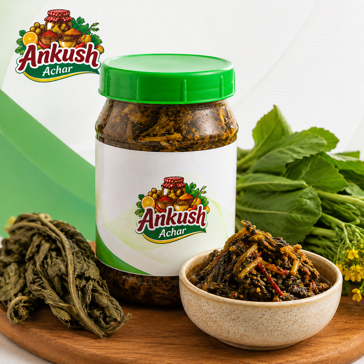 Ankush Gundruk ko Achar — jar with fermented leafy greens and bowl