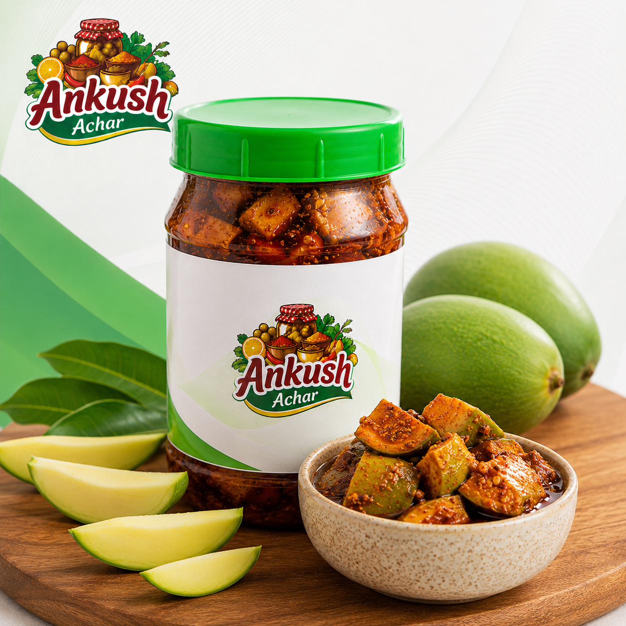 Ankush Aap ko Achar — jar with green mango and bowl